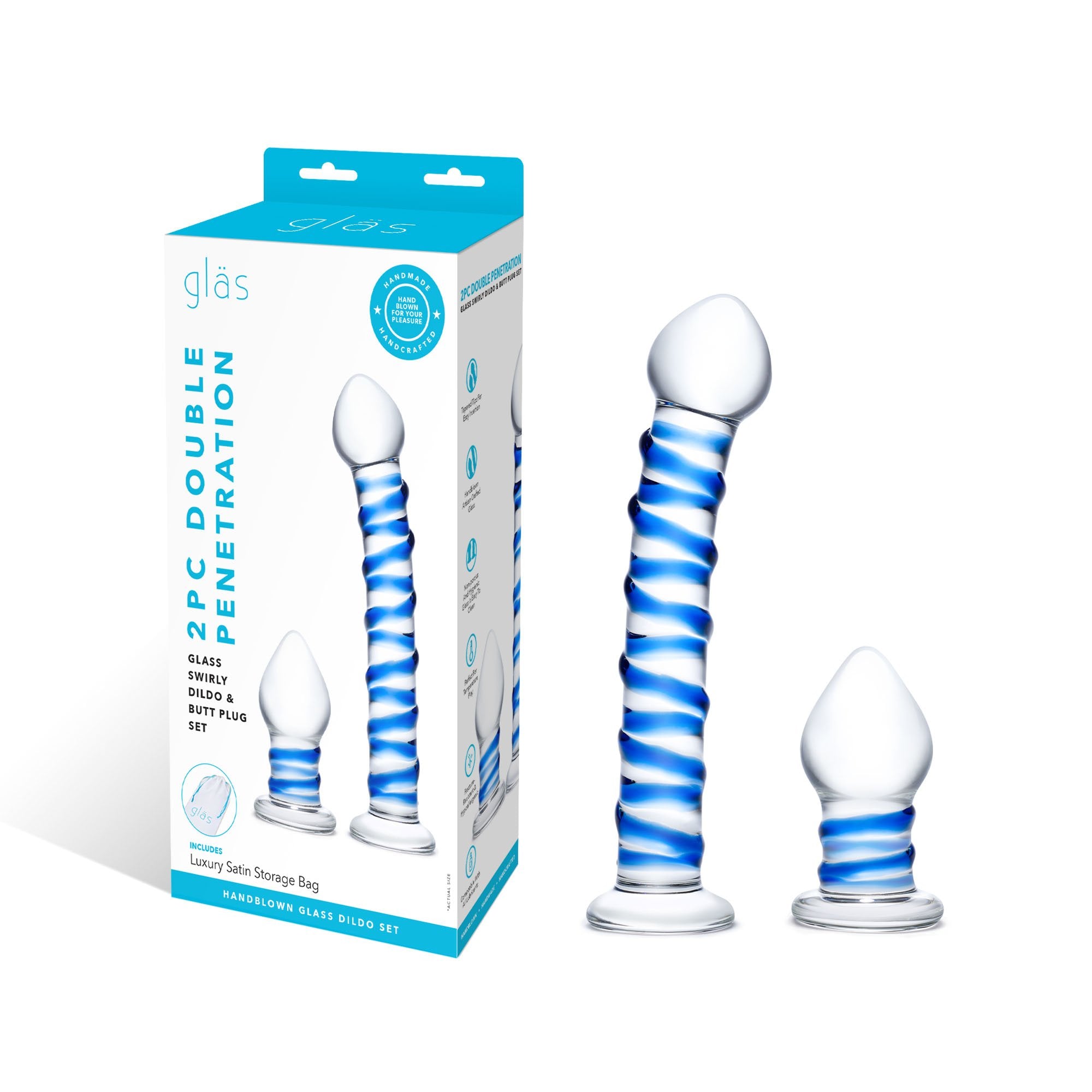 Packaging of the Double Penetration Glass Swirly Dildo & Butt Plug Set