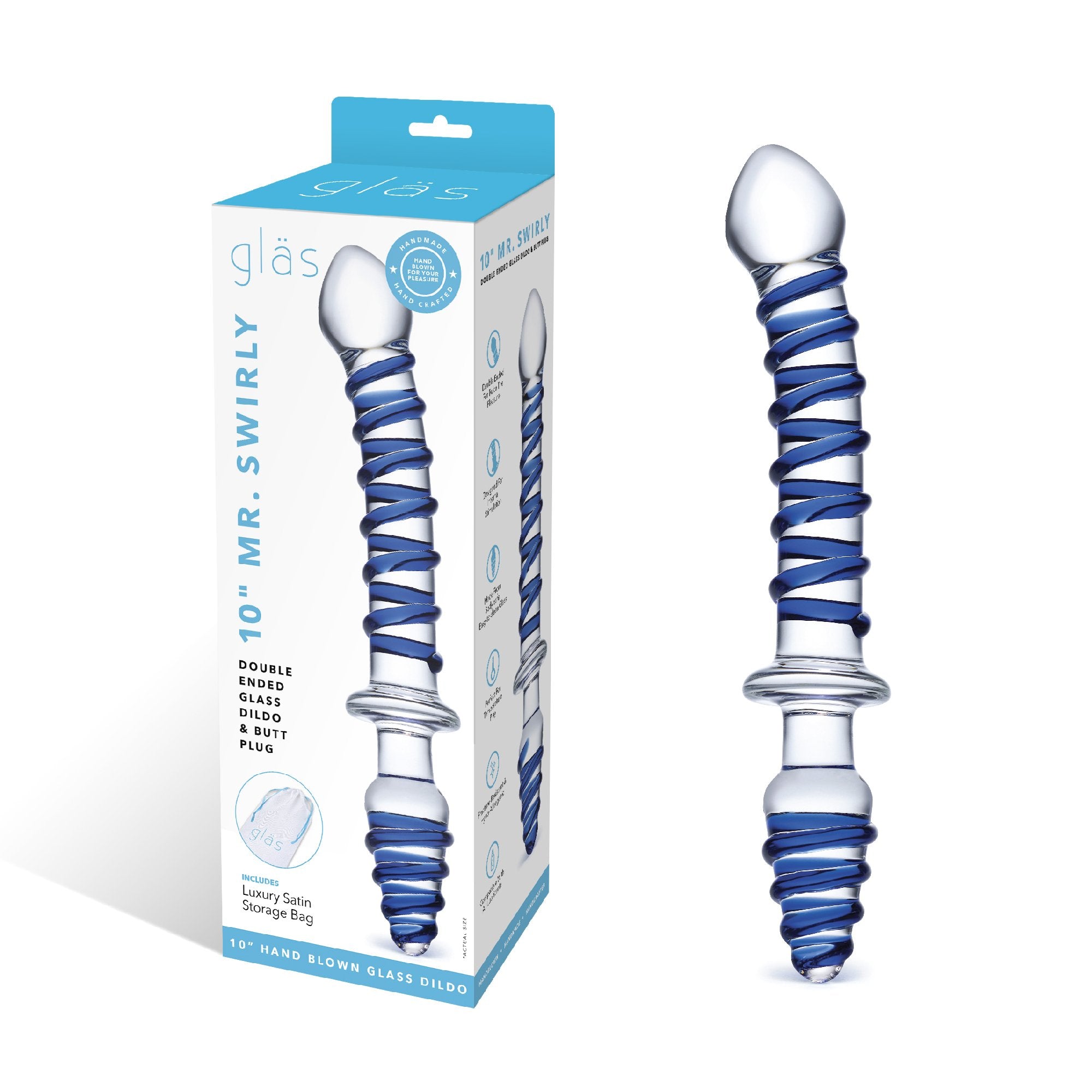 Packaging of the Gläs 10 inch Mr. Swirly Double Ended Glass Dildo and Butt Plug