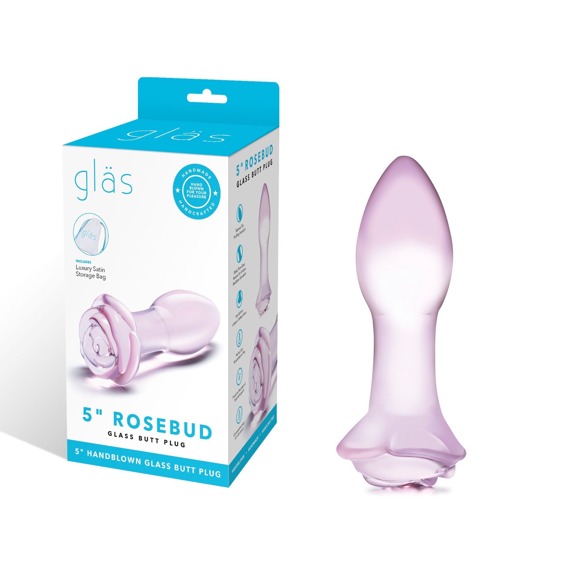 Packaging of the 5 inch Rosebud Glass Butt Plug