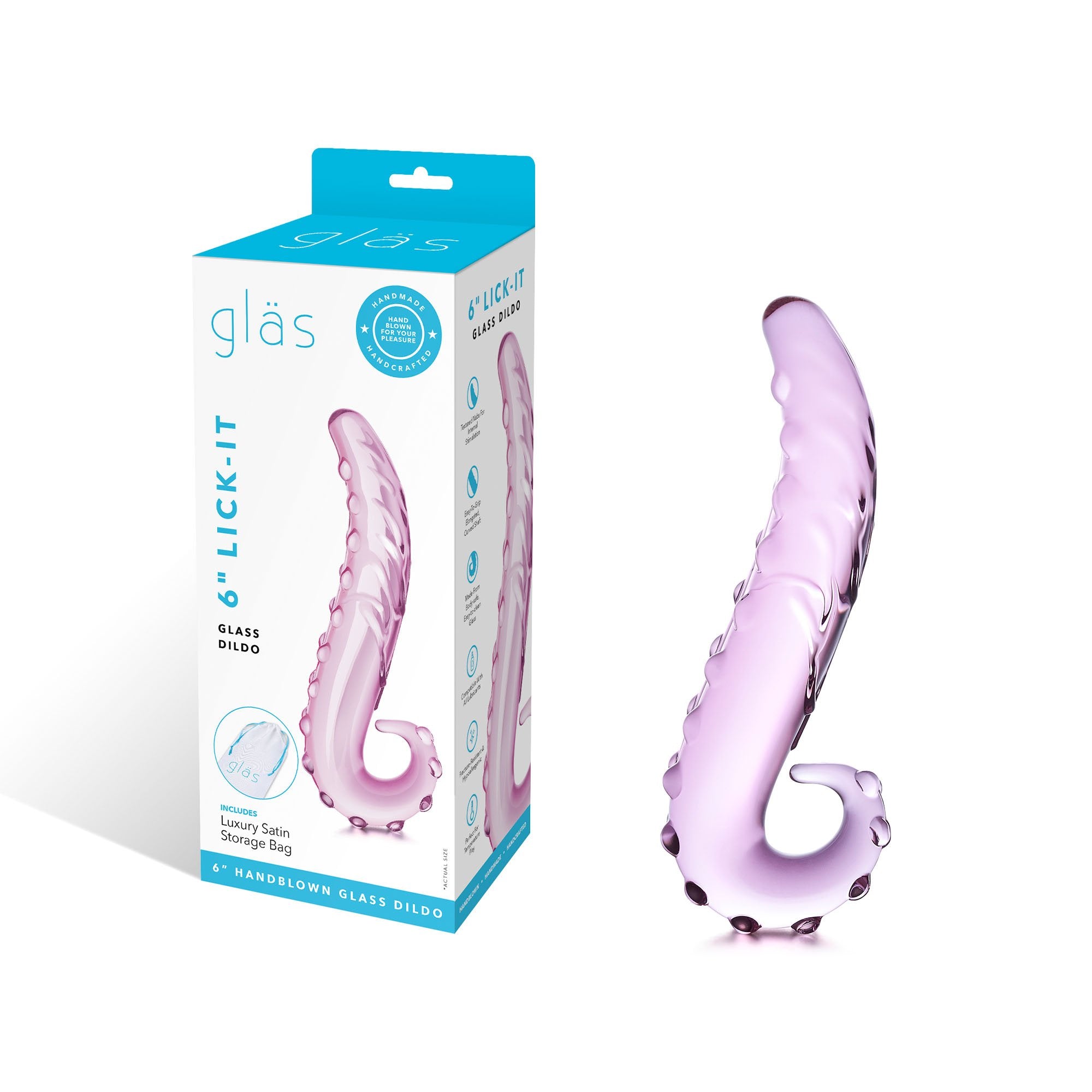 Packaging of the 6 inch Lick-it Glass Dildo