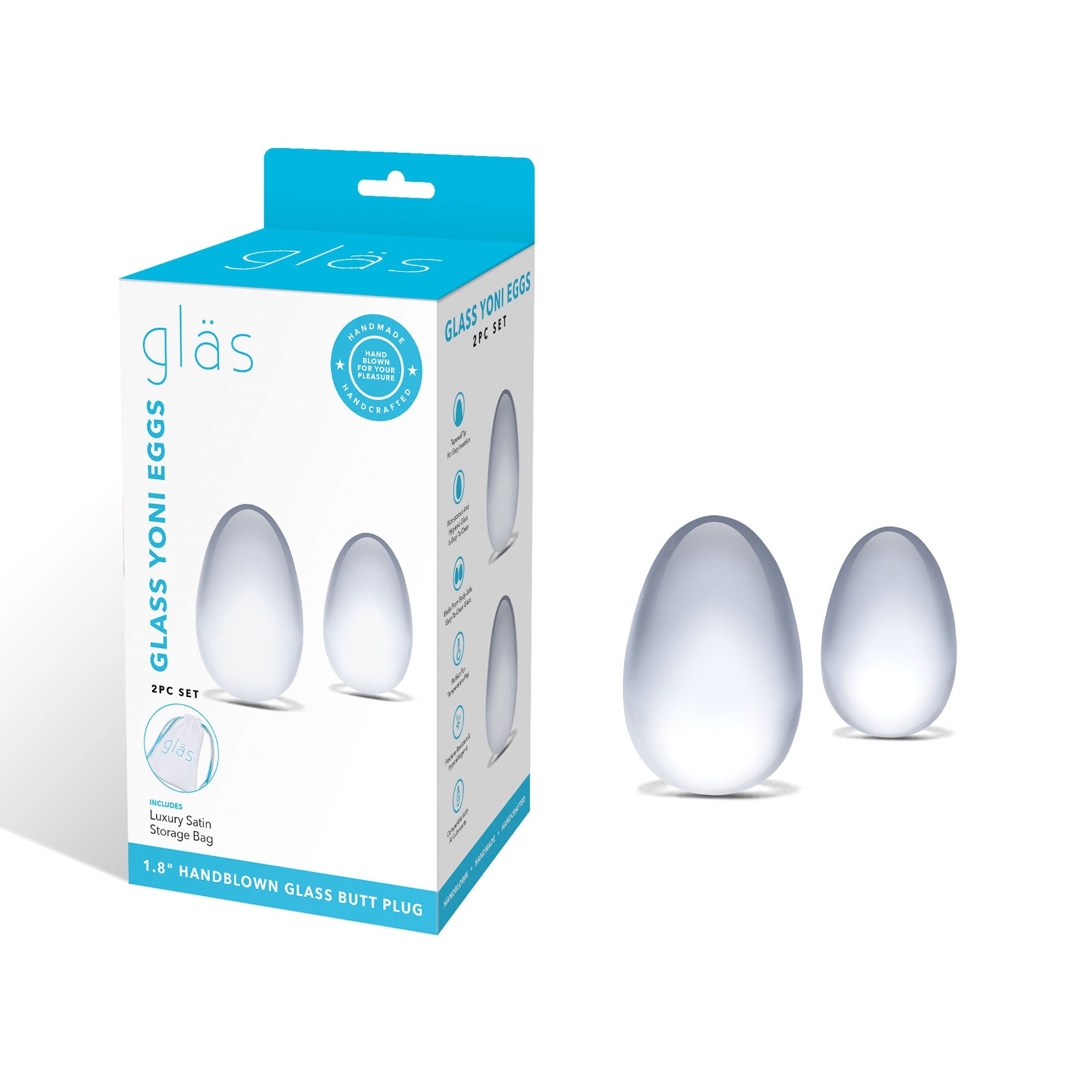 Packaging of the Glass Yoni Eggs Set (2 Pieces)