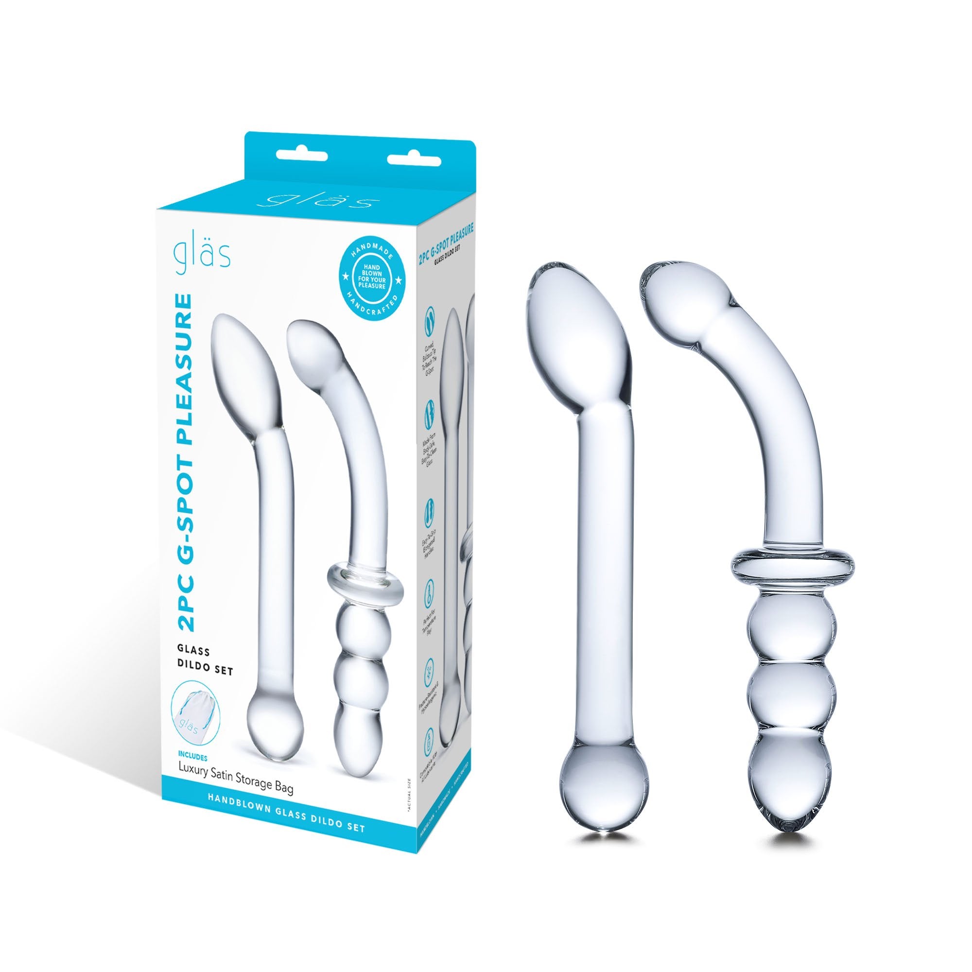 Packaging of the G-Spot Pleasure Glass Dildo and Butt Plug Set