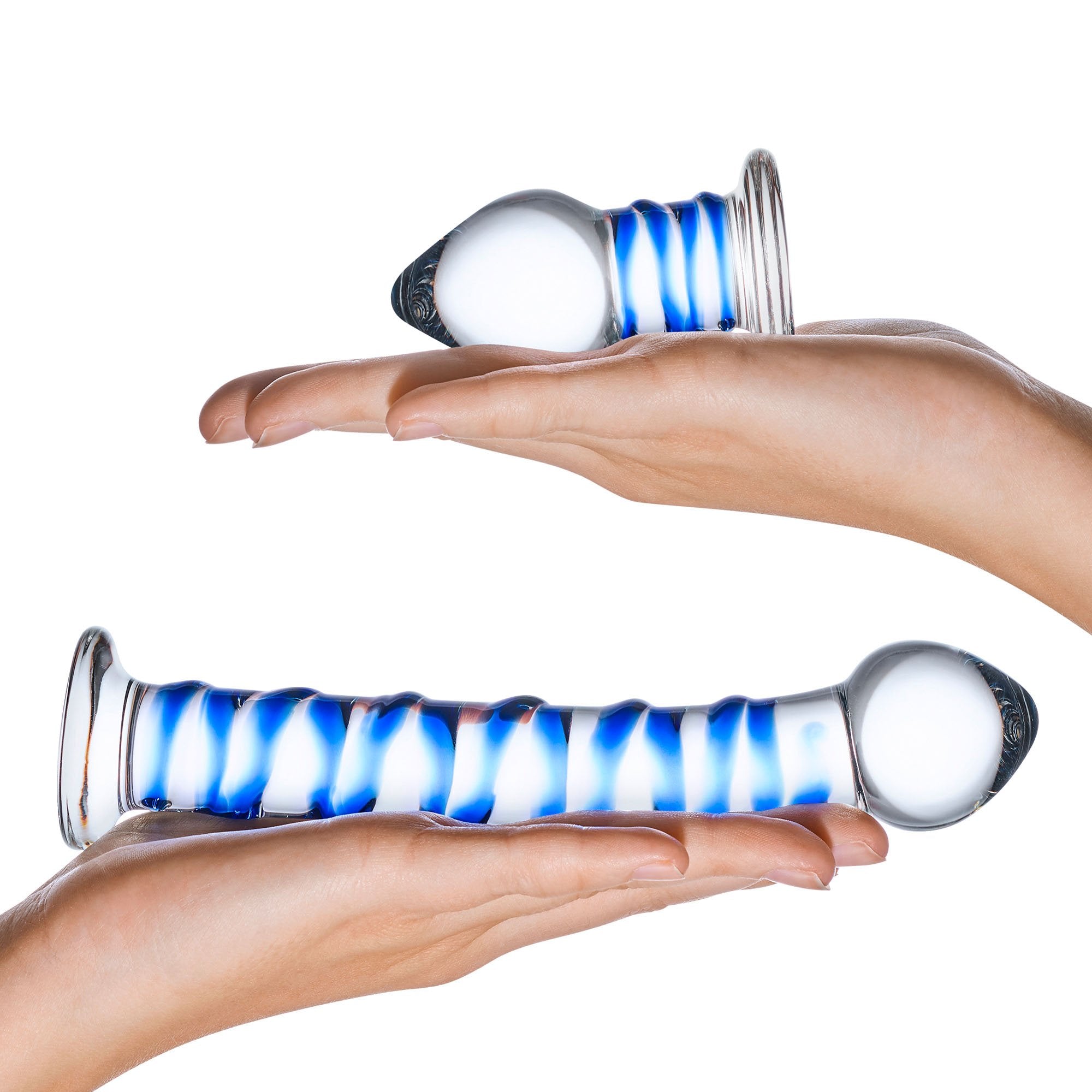 Double Penetration Glass Swirly Dildo & Butt Plug Set Double Penetration Glass Swirly Dildo & Butt Plug Set