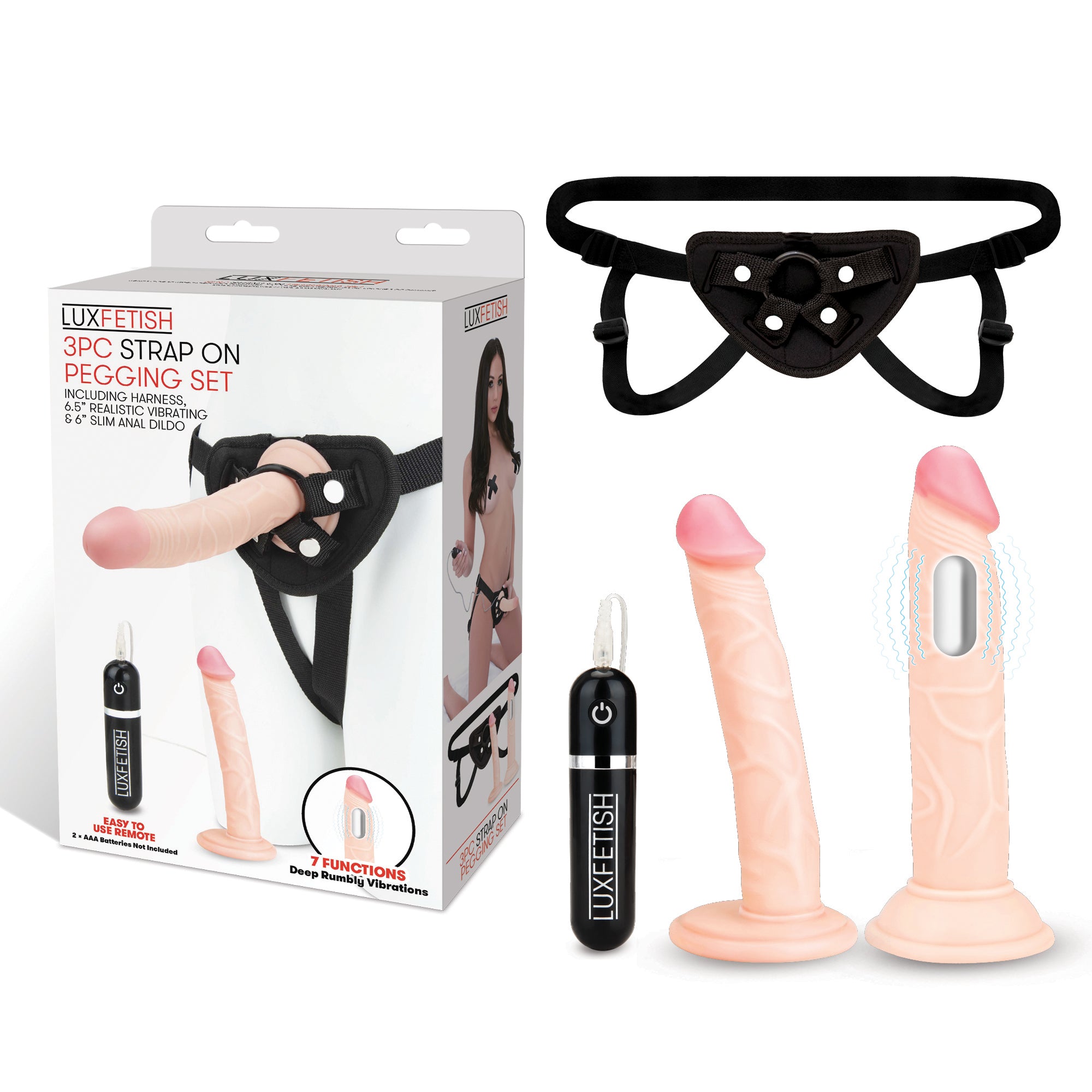 Lux Fetish 3PC Strap-On Harness Pegging Set with Realistic Dildo