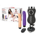 Packaging and everything included in the Thrusting Remote-Controlled Rechargeable Compact Sex Machine with two Silicone Dildo attachments by Lux Fetish