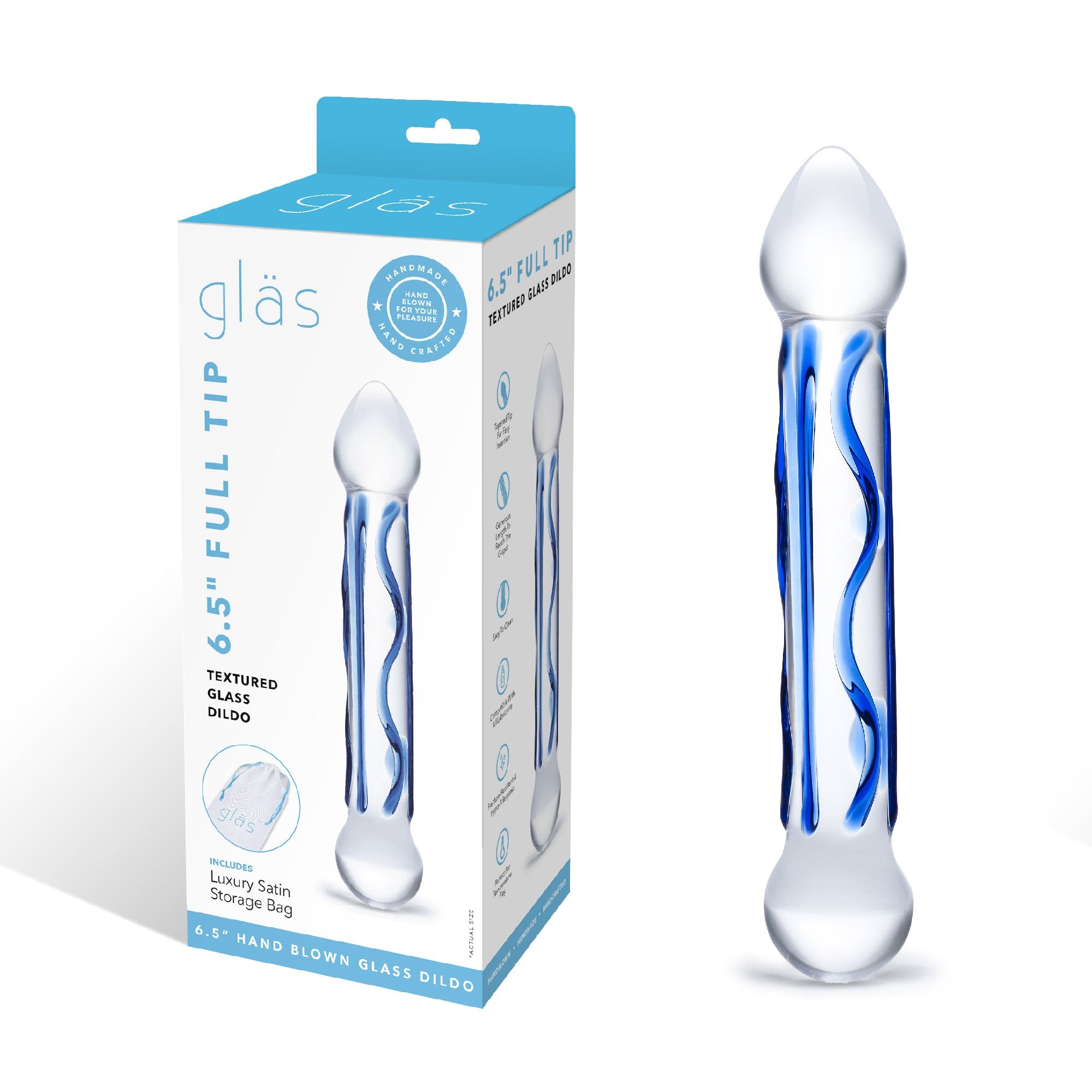 Packaging of the Gläs 6.5 inch Full Tip Textured Glass Dildo