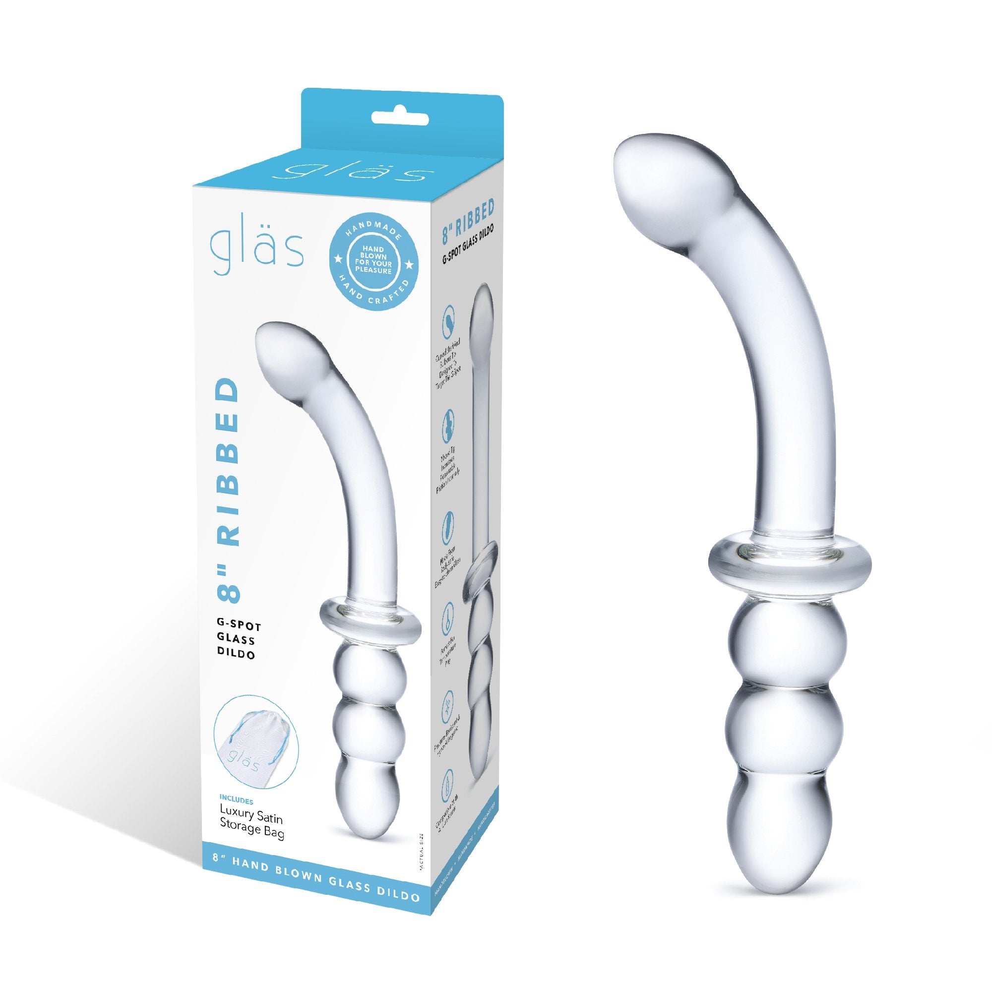 Packaging of the Gläs 8 inch Ribbed G-Spot Glass Dildo