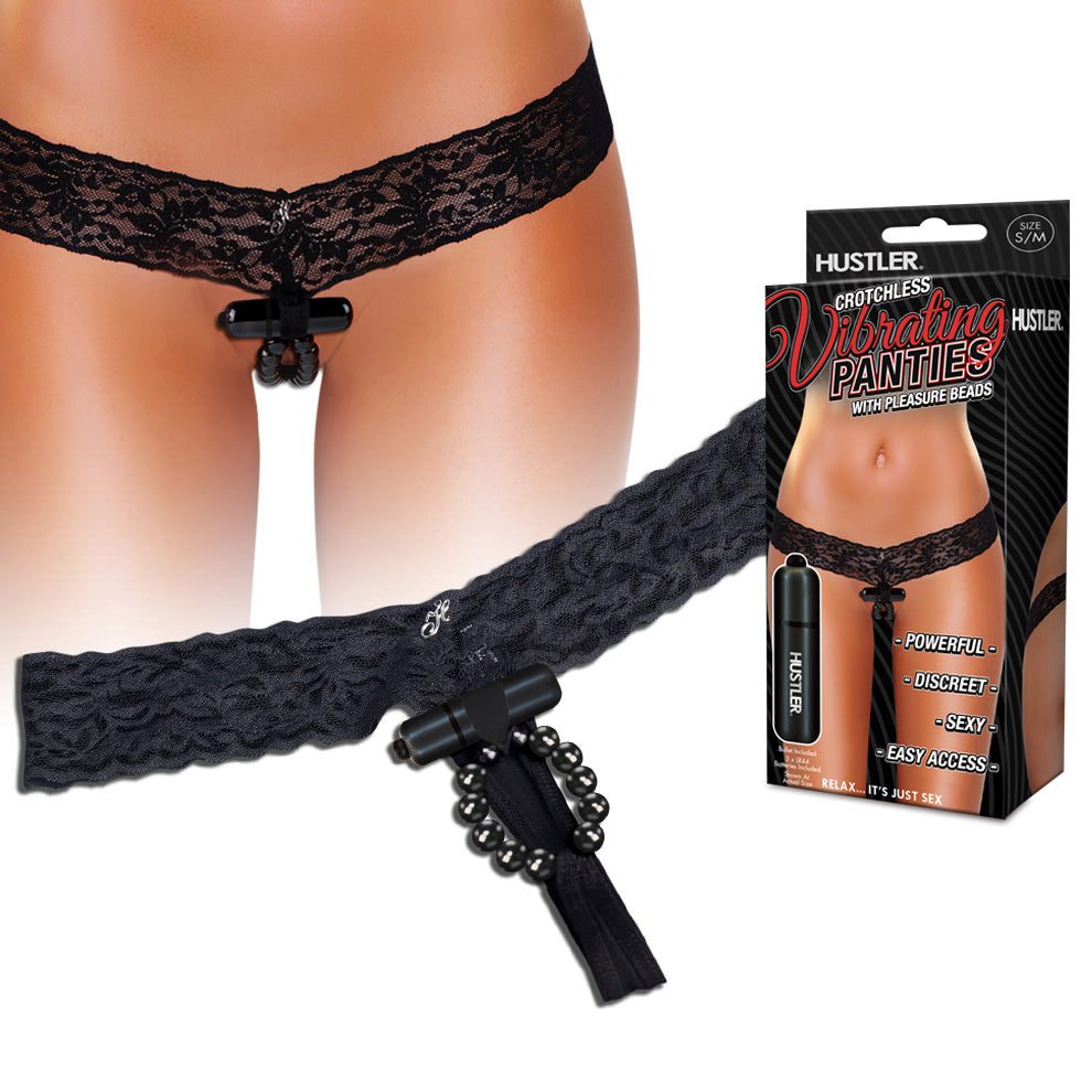 Hustler Crotchless Vibrating Lace Panties with Pleasure Beads