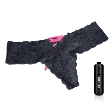Hustler Lace Up Back Vibrating Panties Black with Bullet Included