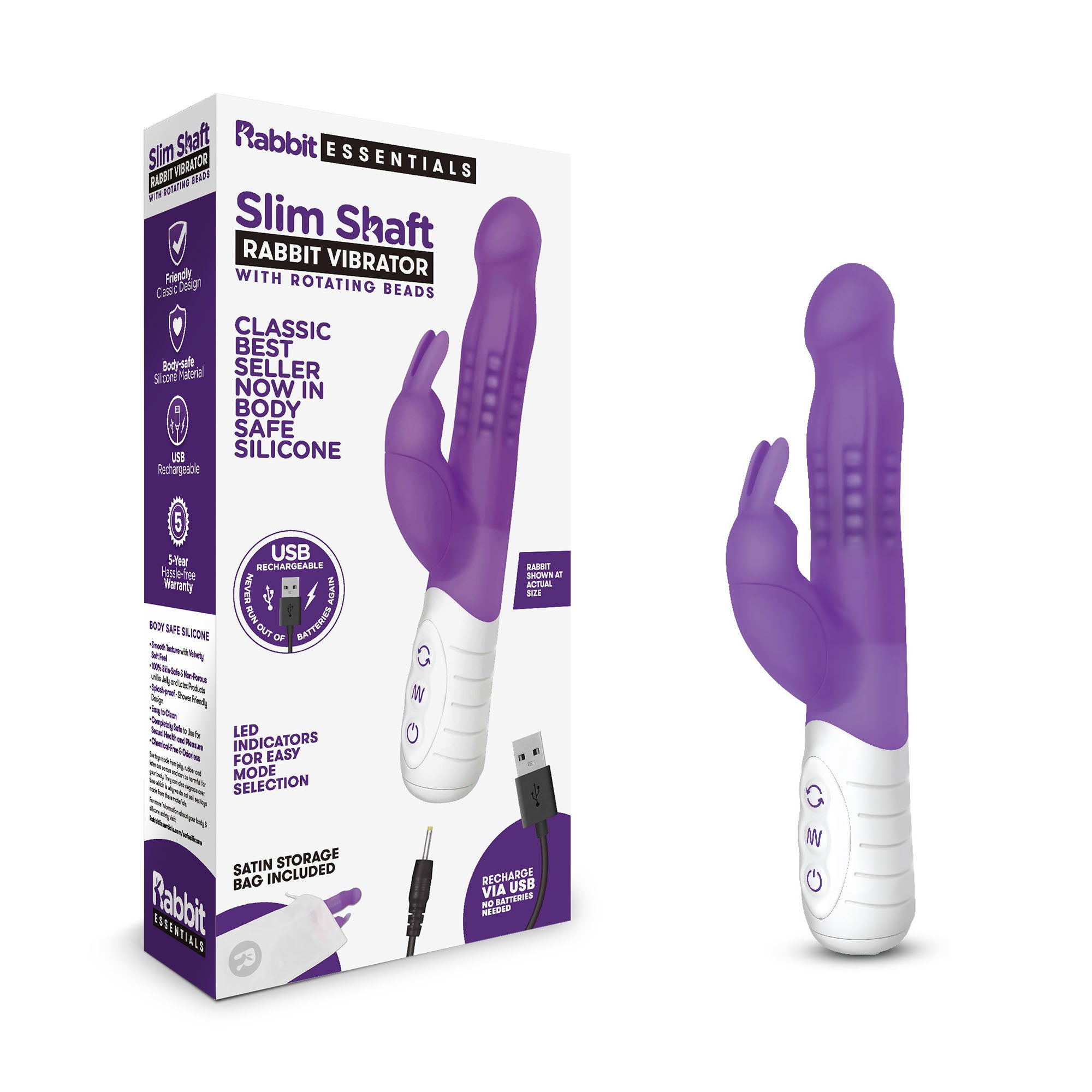 Rabbit Essentials Slim Shaft Rabbit Vibrator with Rotating Beads  Purple